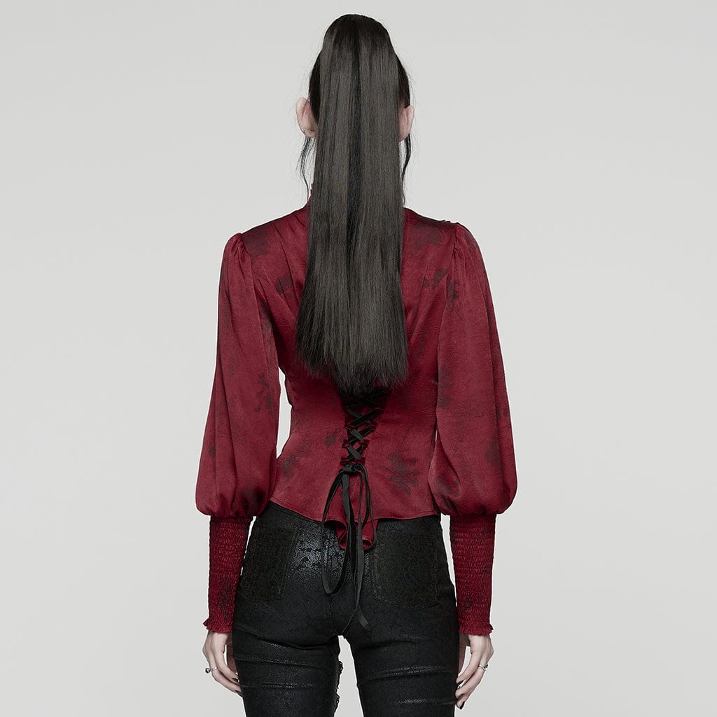 PUNK RAVE Women's Gothic Lace Splice Puff Sleeved Ruffle Shirt Red