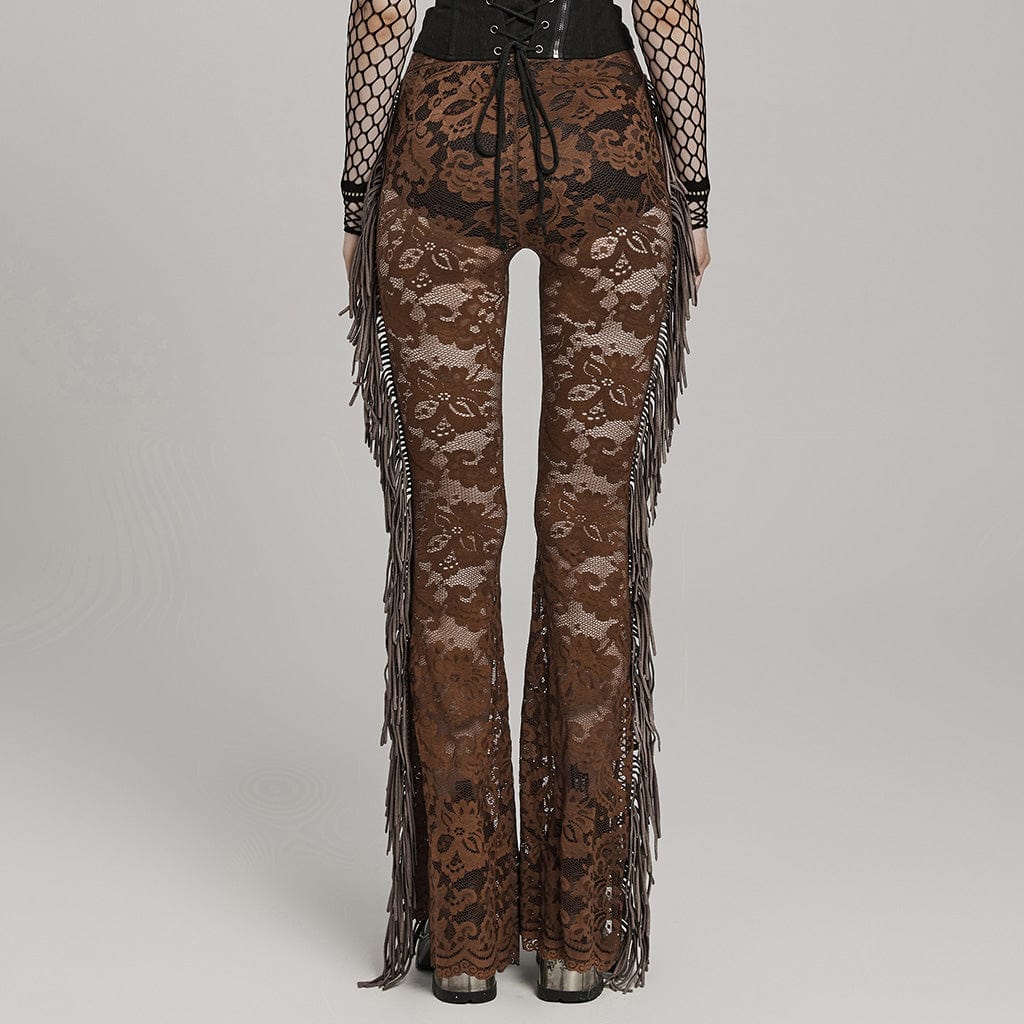 PUNK RAVE Women's Gothic Lace Tassels Flared Pants Coffee