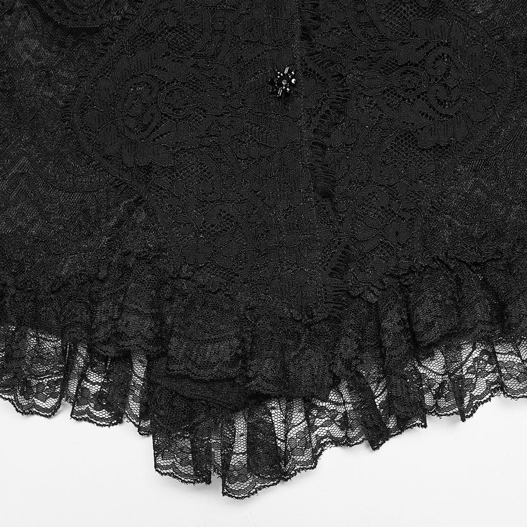 PUNK RAVE Women's Gothic Lace Turn-down Collar Puff Short Sleeved Shirt