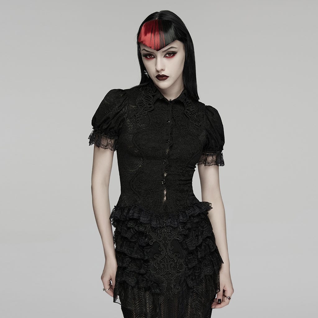 PUNK RAVE Women's Gothic Lace Turn-down Collar Puff Short Sleeved Shirt