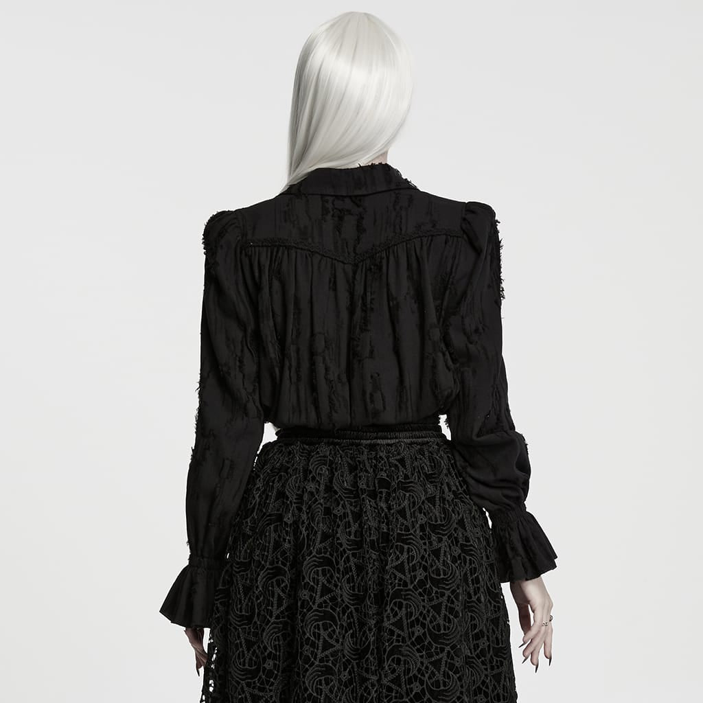 PUNK RAVE Women's Gothic Lace-up Distressed Collared Long Sleeve Shirt Black