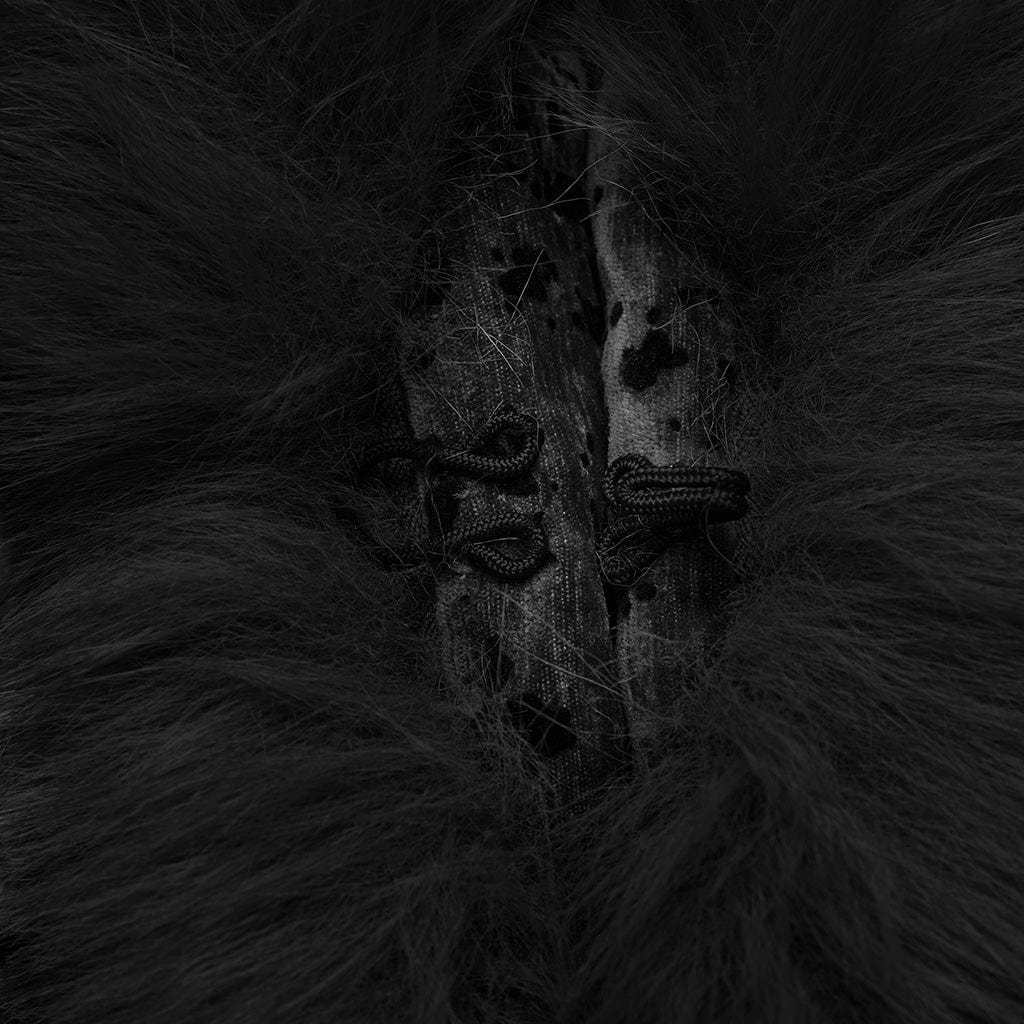 PUNK RAVE Women's Gothic Lace-up Faux Fur Splice Hooded Coat Black