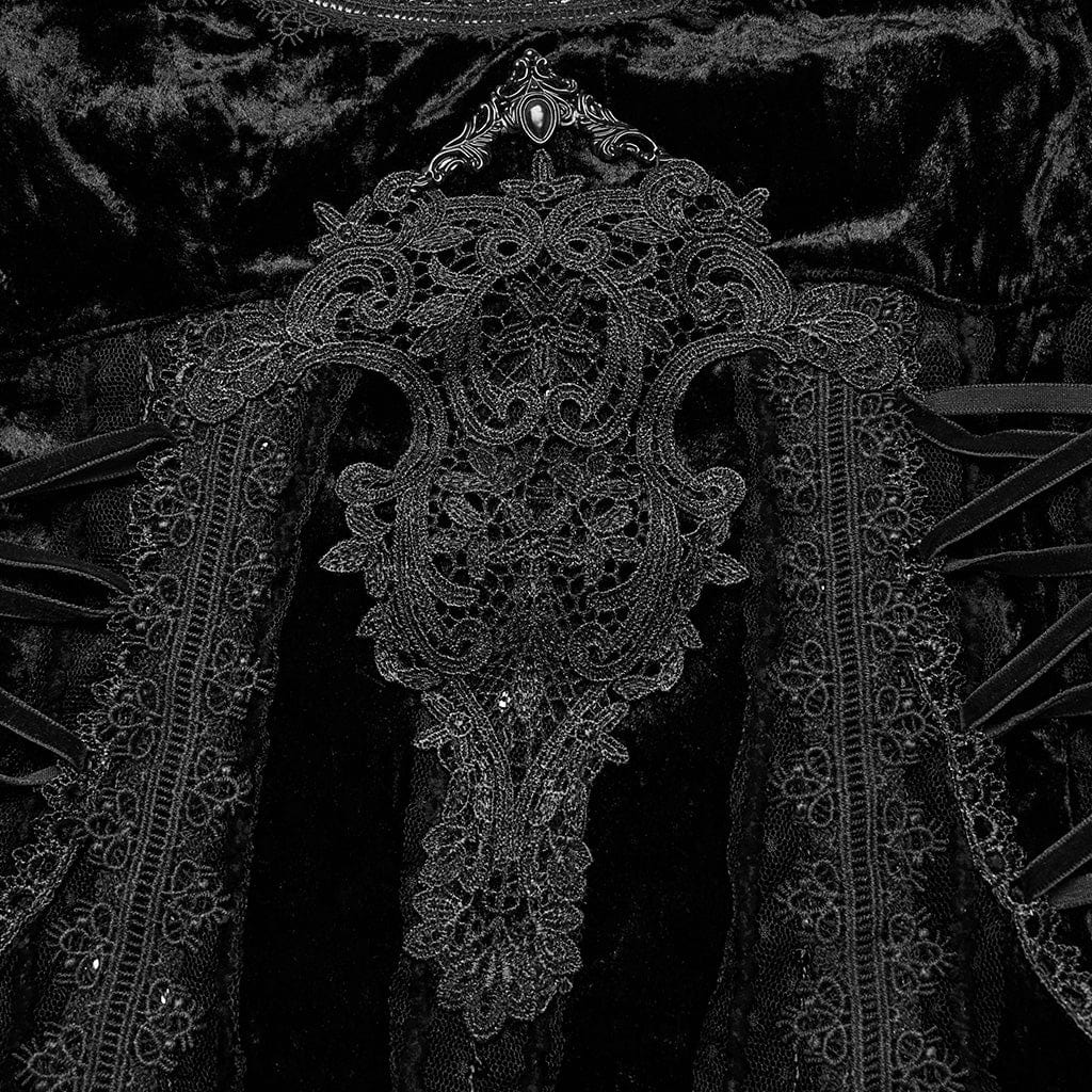 PUNK RAVE Women's Gothic Lace-up Floral Embroidered Velvet Slip Dress Black