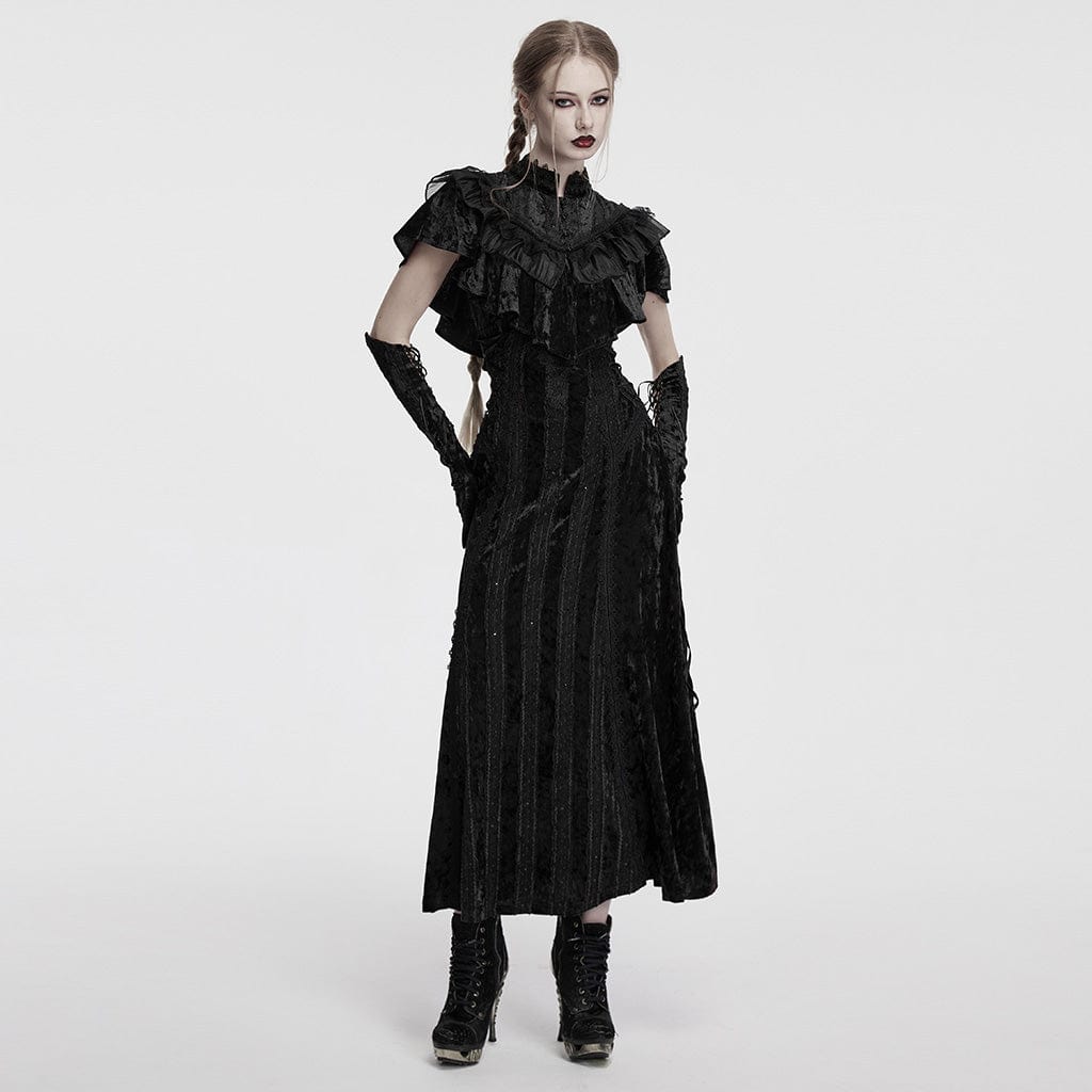 PUNK RAVE Women's Gothic Lace-up Floral Embroidered Velvet Slip Dress Black