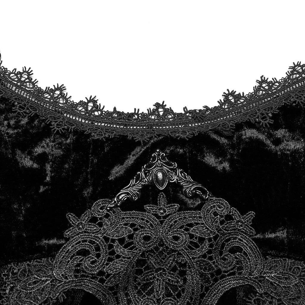 PUNK RAVE Women's Gothic Lace-up Floral Embroidered Velvet Slip Dress Black