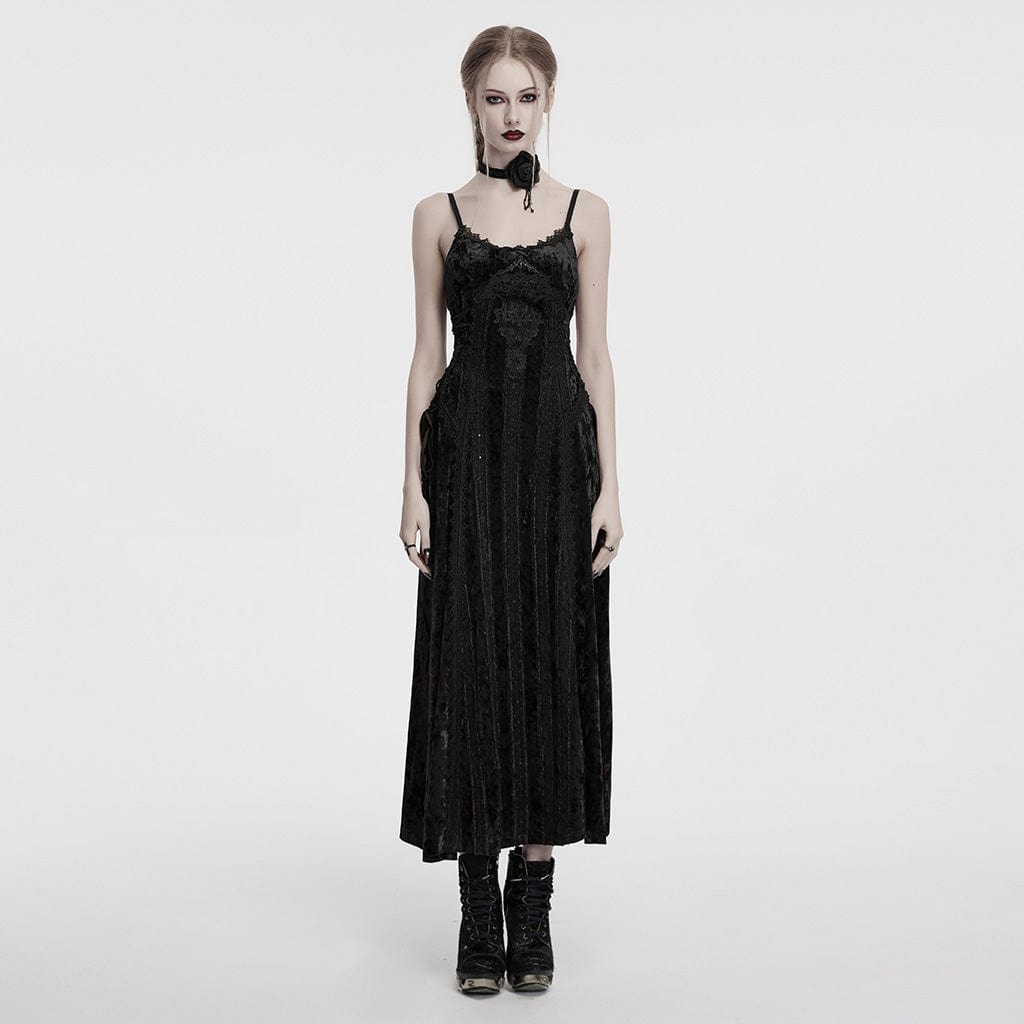 PUNK RAVE Women's Gothic Lace-up Floral Embroidered Velvet Slip Dress Black