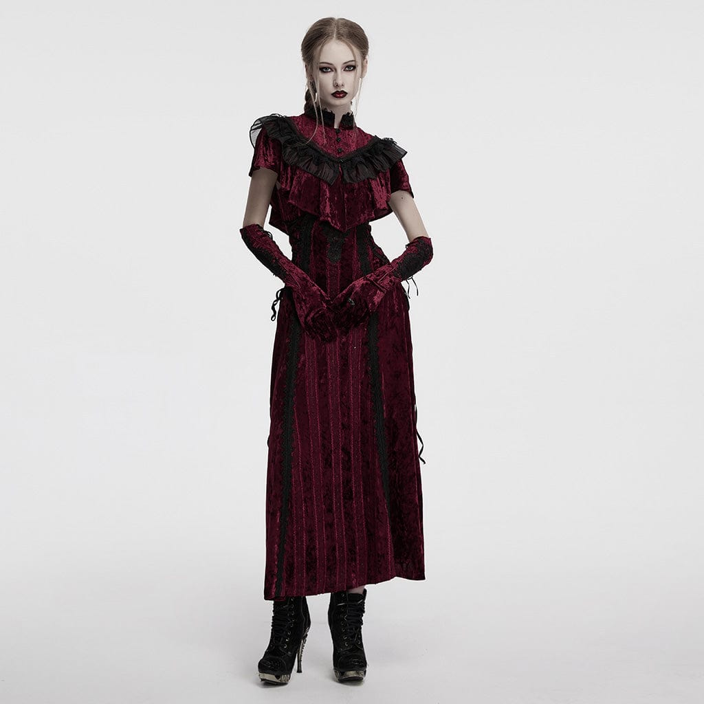 PUNK RAVE Women's Gothic Lace-up Floral Embroidered Velvet Slip Dress Red