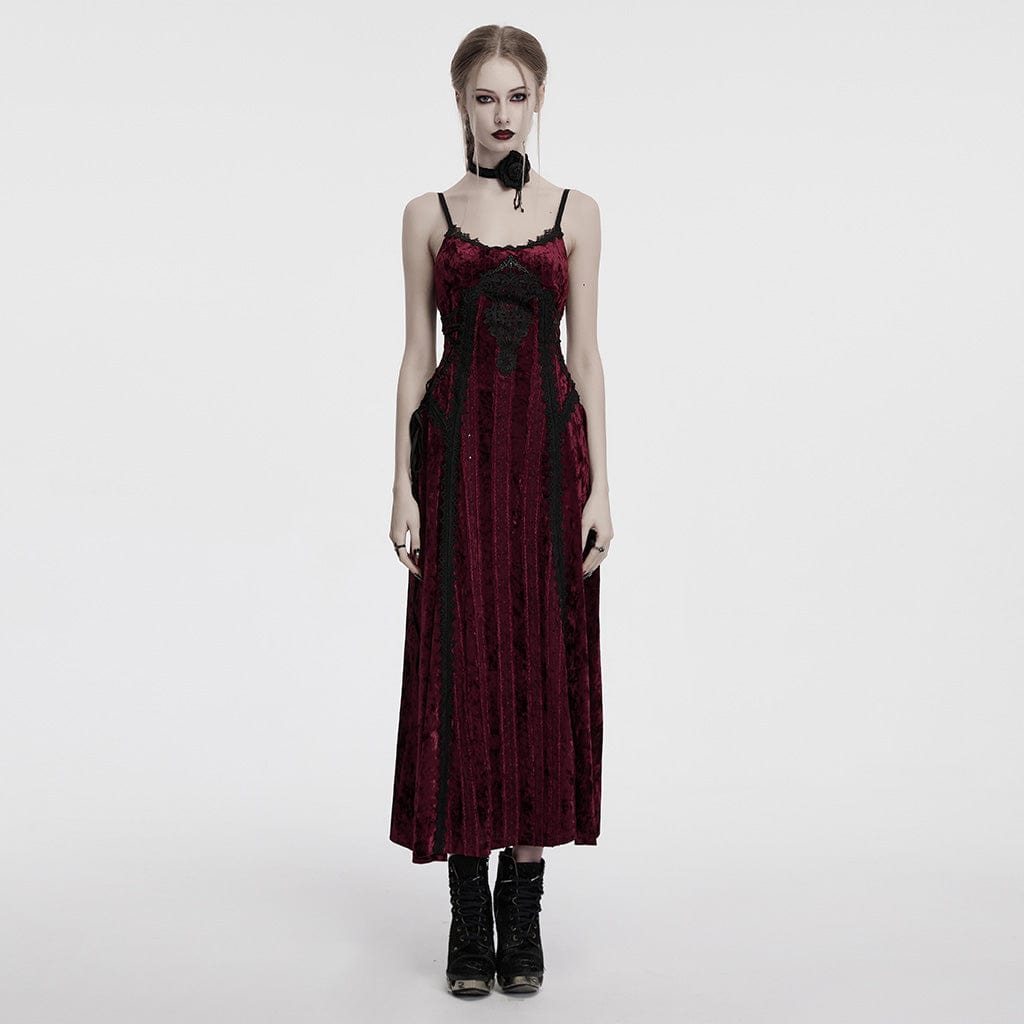 PUNK RAVE Women's Gothic Lace-up Floral Embroidered Velvet Slip Dress Red