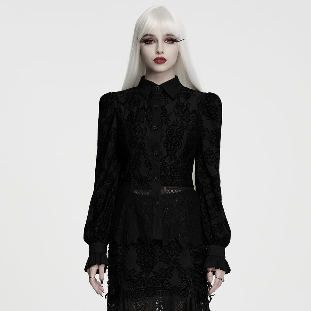 PUNK RAVE Women's Gothic Lace-up Floral Long Sleeve Shirt