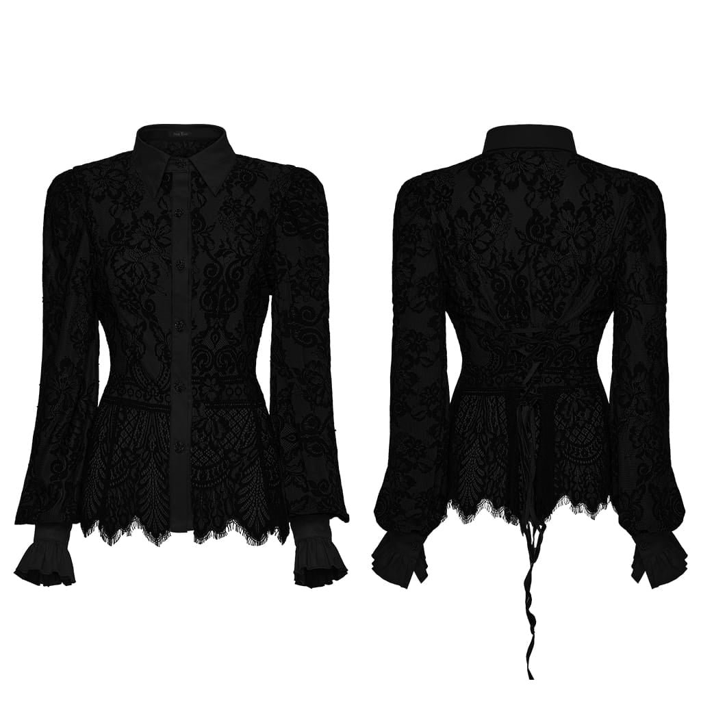 PUNK RAVE Women's Gothic Lace-up Floral Long Sleeve Shirt