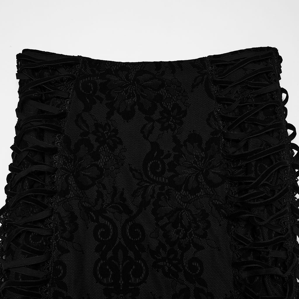 PUNK RAVE Women's Gothic Lace-up Floral Midi Skirt