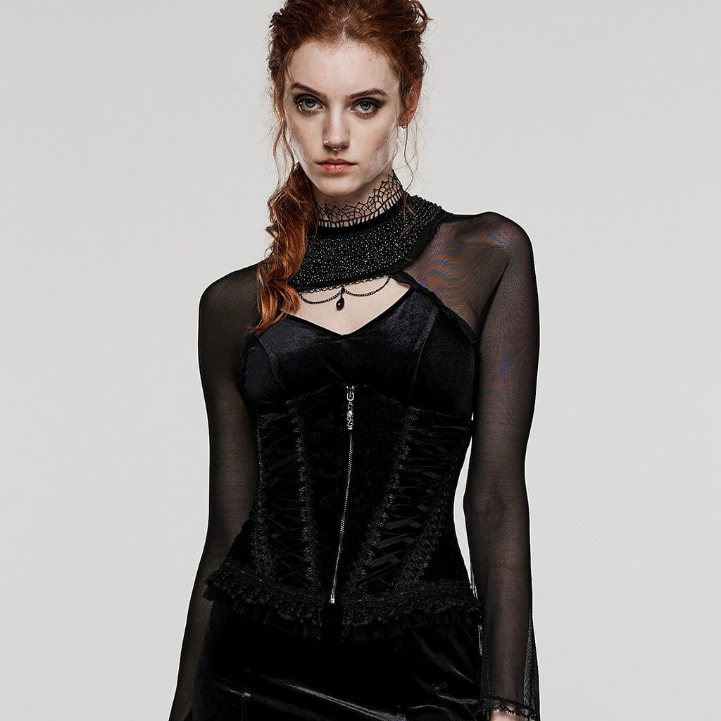PUNK RAVE Women's Gothic Lace-up Lace Hem Underbust Corset