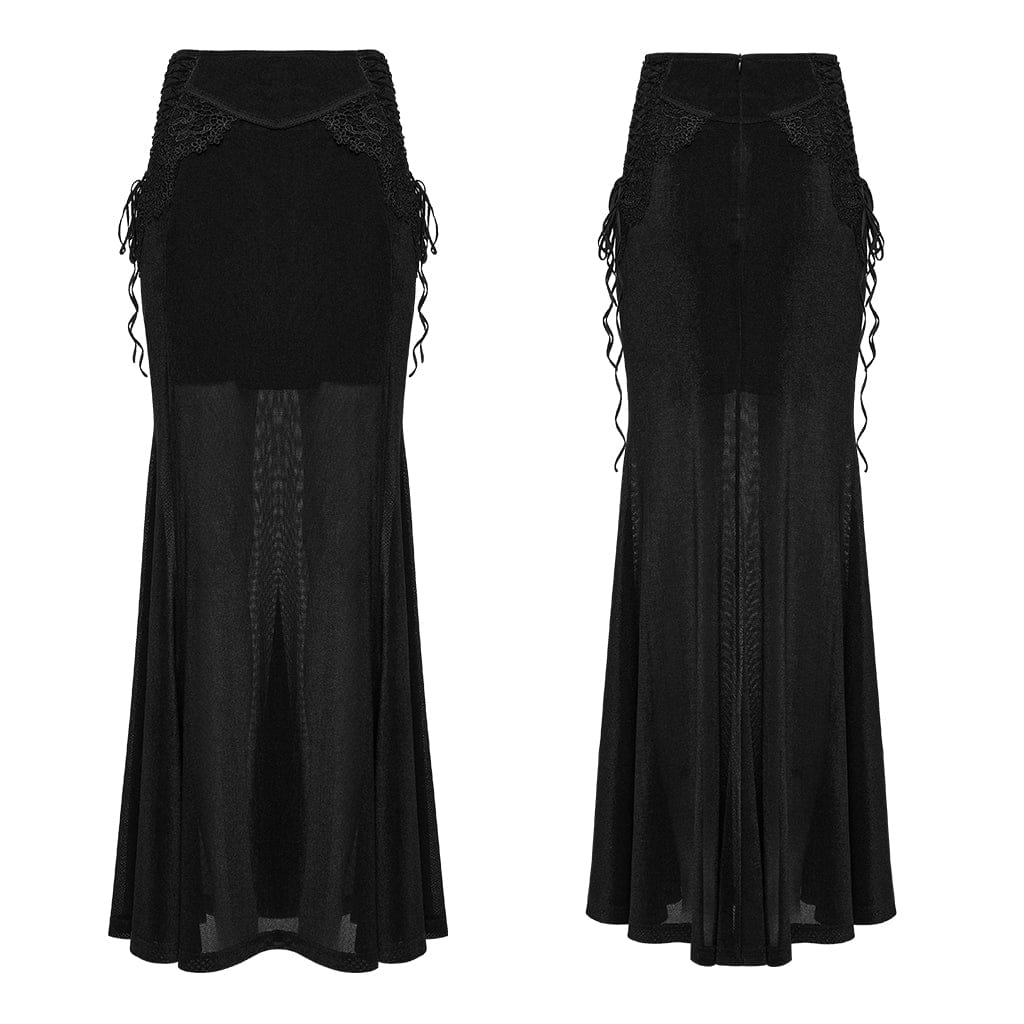 PUNK RAVE Women's Gothic Lace-up Long Skirt Black