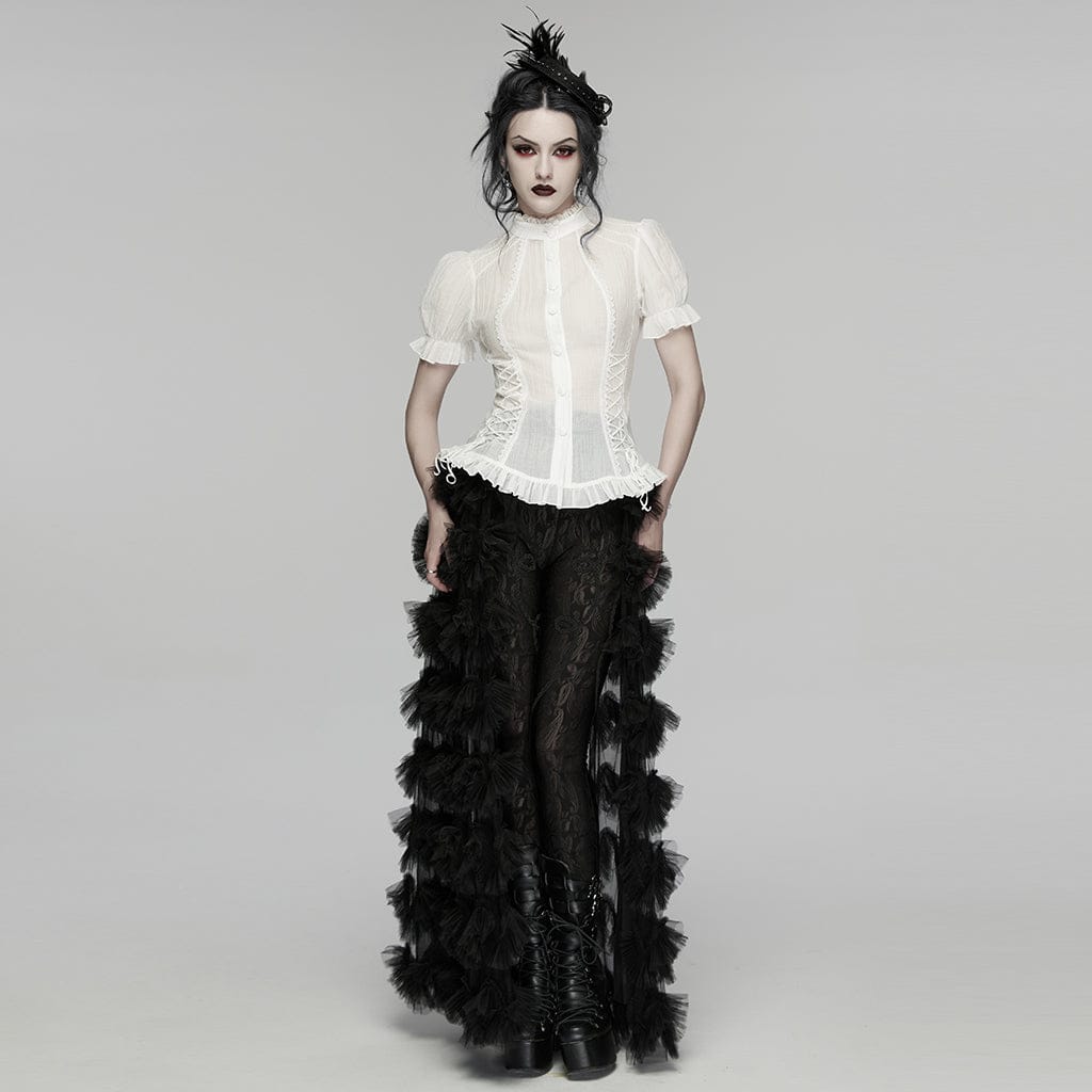 PUNK RAVE Women's Gothic Lace-up Puff Short Sleeved Shirt White