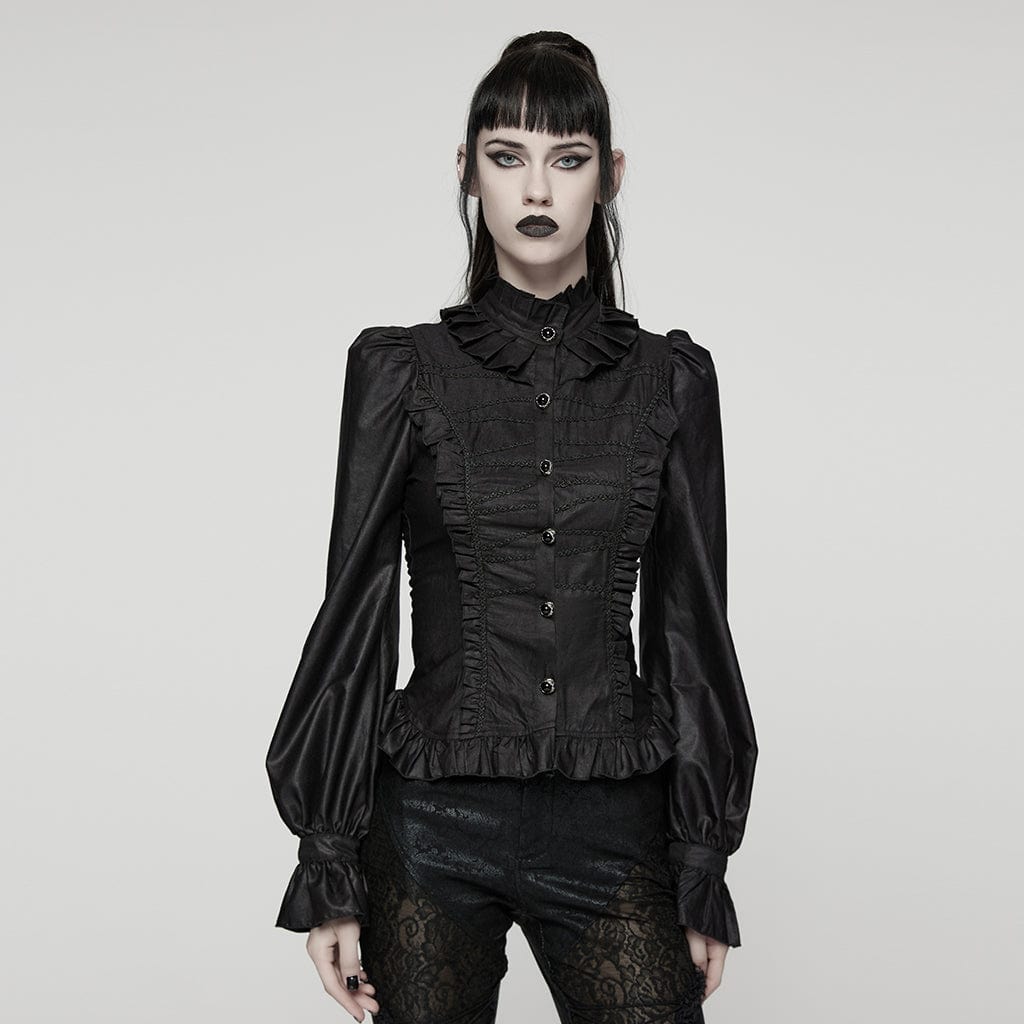 PUNK RAVE Women's Gothic Lace-up Puff Sleeved Ruffle Shirt