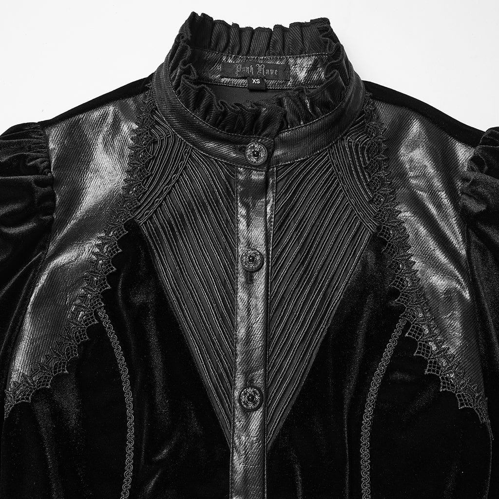 PUNK RAVE Women's Gothic Lace-up Puff Sleeved Top Black