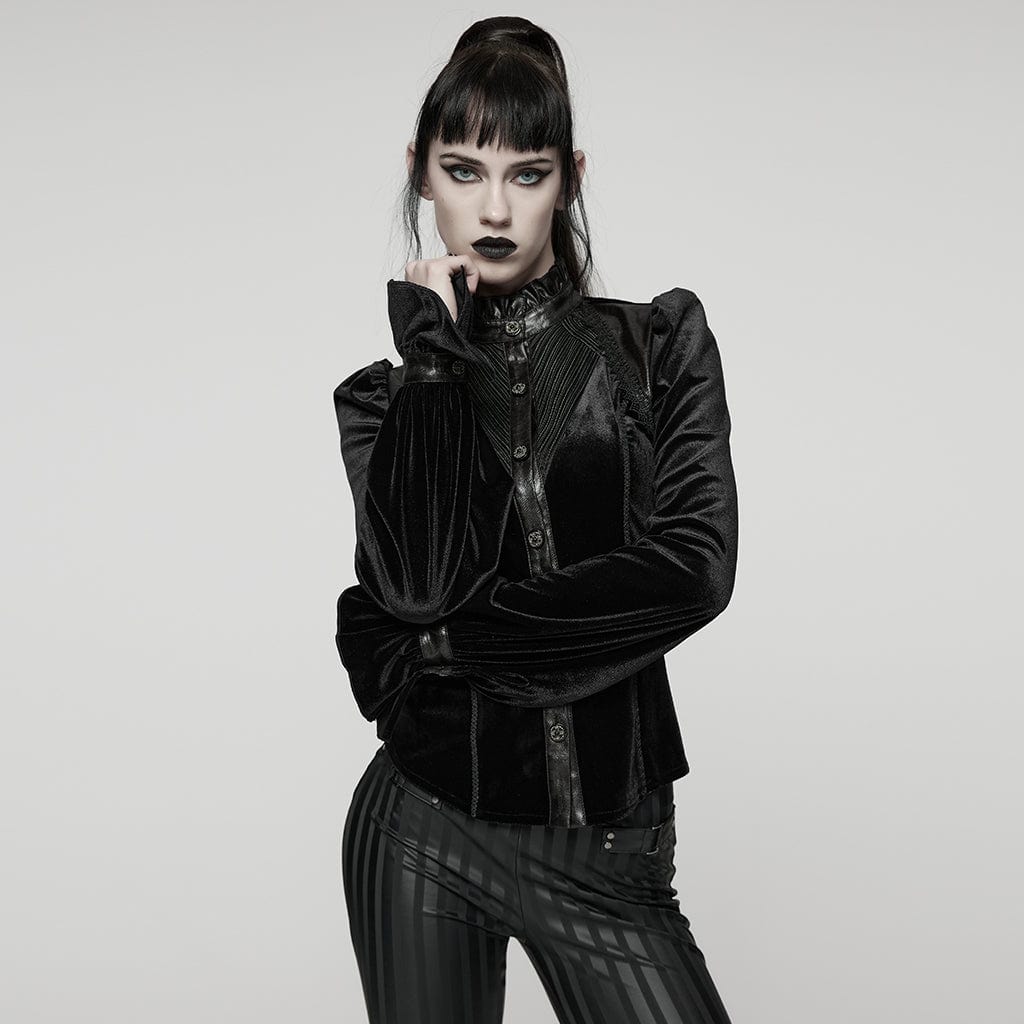 PUNK RAVE Women's Gothic Lace-up Puff Sleeved Top Black