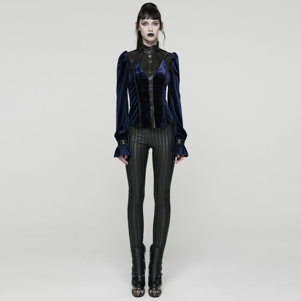 PUNK RAVE Women's Gothic Lace-up Puff Sleeved Top Blue