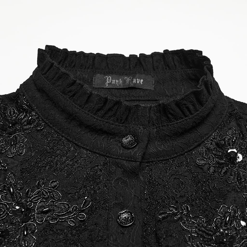 PUNK RAVE Women's Gothic Lace-up Ruffle Jacquard Long Sleeve Shirt