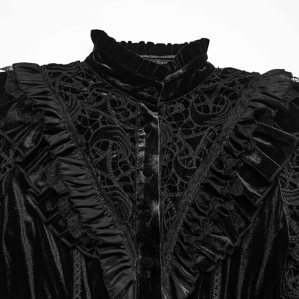 PUNK RAVE Women's Gothic Lace-up Ruffle Trim Long Sleeve Shirt