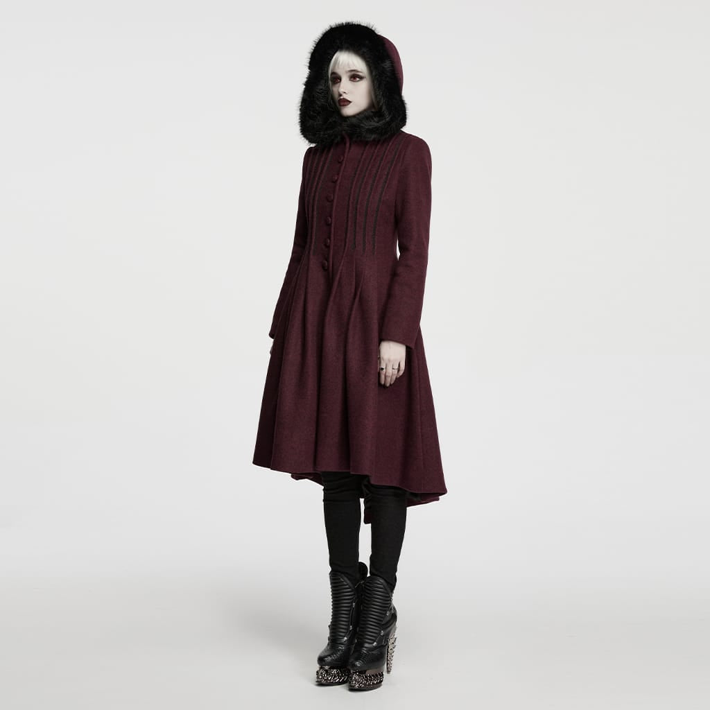 PUNK RAVE Women's Gothic Lace-up Single-breasted Hooded Coat Red