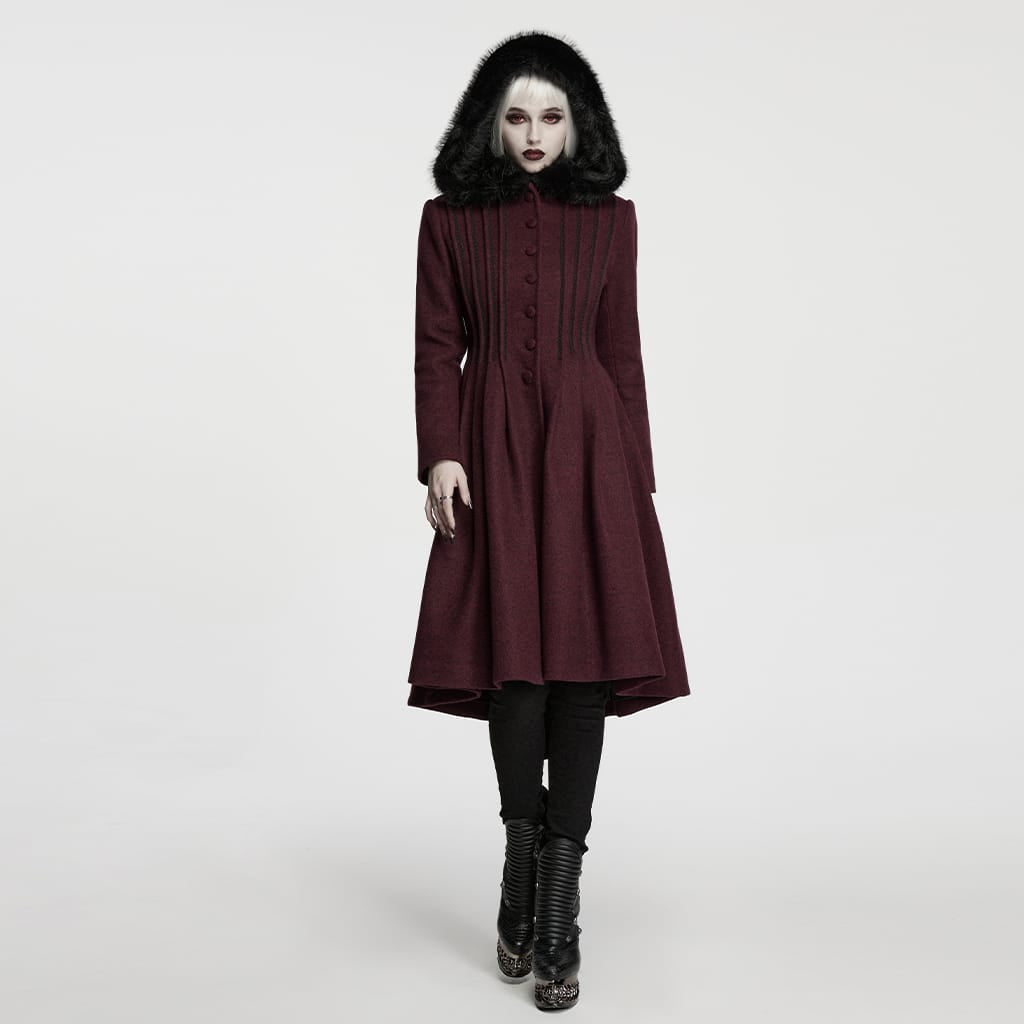 PUNK RAVE Women's Gothic Lace-up Single-breasted Hooded Coat Red