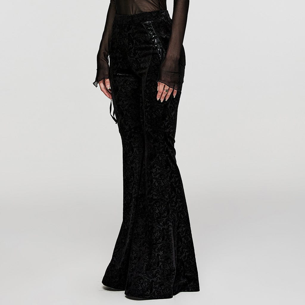 PUNK RAVE Women's Gothic Lace-up Velvet Flared Pants Black