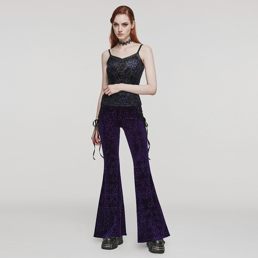 PUNK RAVE Women's Gothic Lace-up Velvet Flared Pants Violet