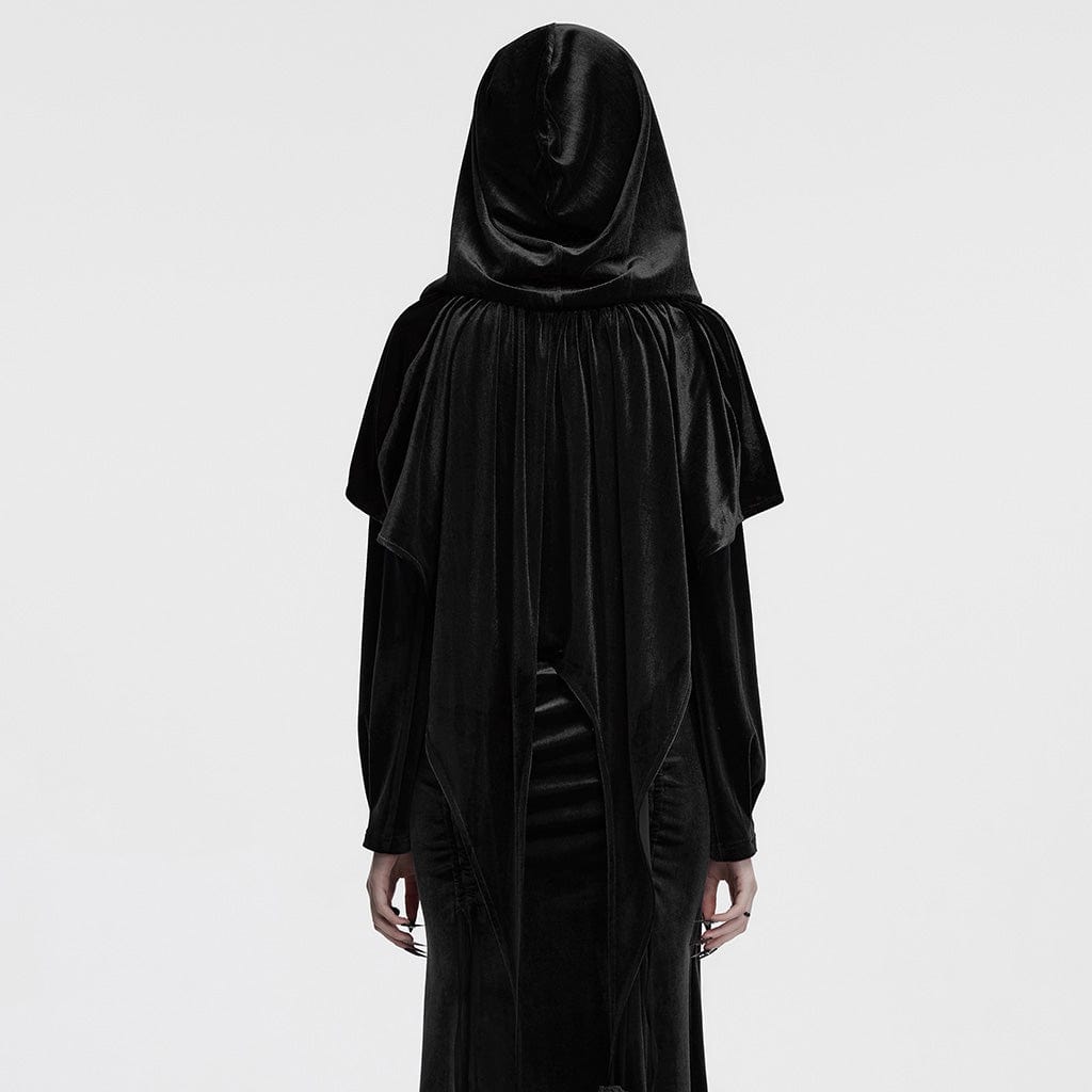 PUNK RAVE Women's Gothic Lace-up Velvet Hooded Cape Black
