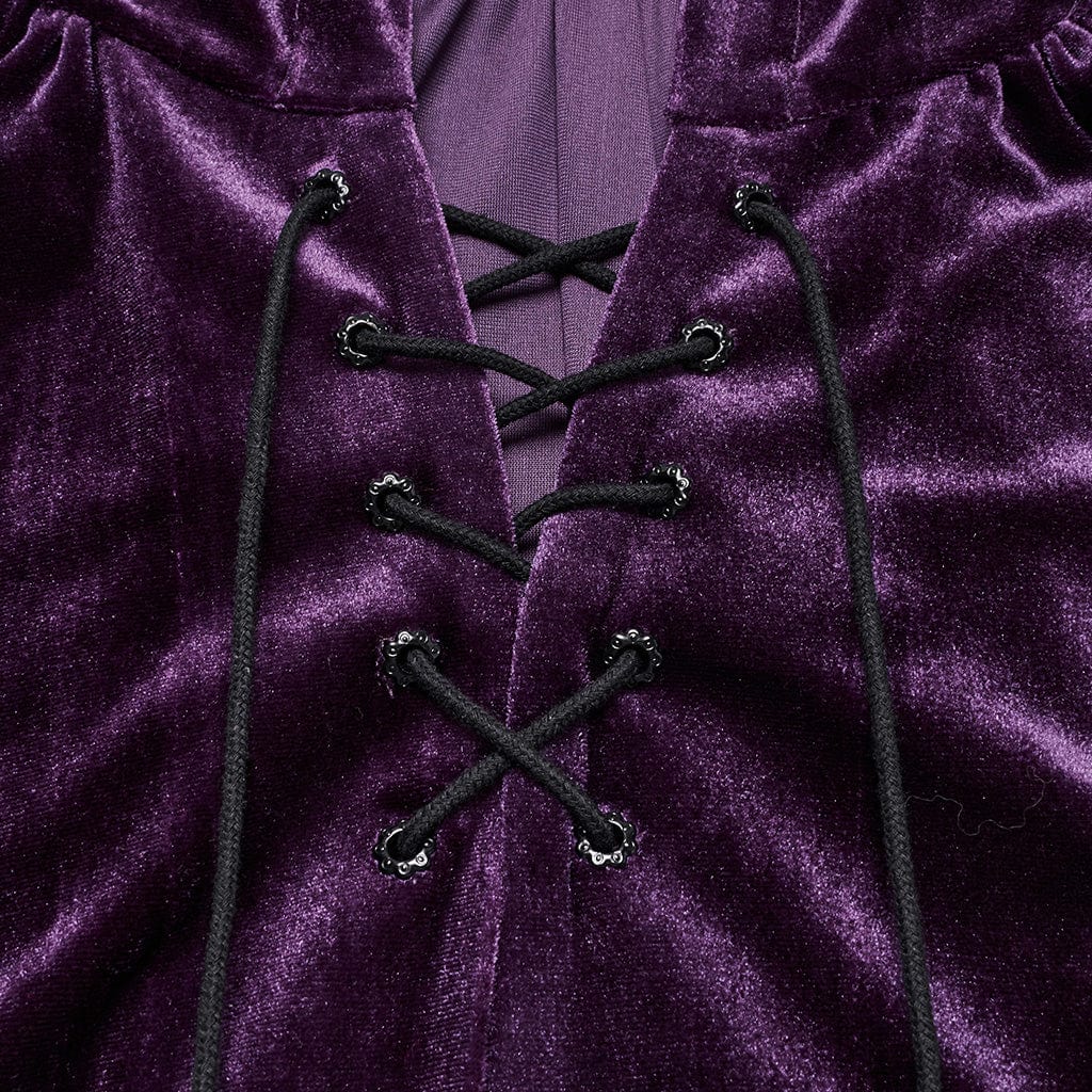 PUNK RAVE Women's Gothic Lace-up Velvet Hooded Cape Purple