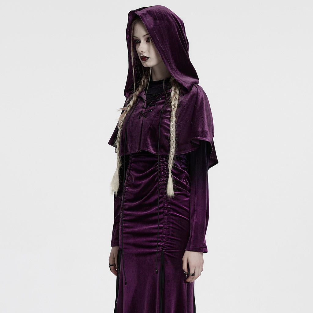 PUNK RAVE Women's Gothic Lace-up Velvet Hooded Cape Purple