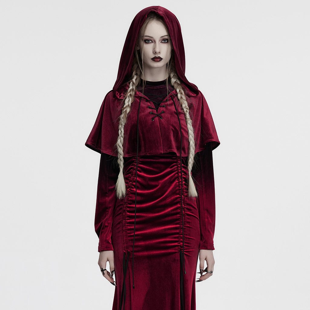 PUNK RAVE Women's Gothic Lace-up Velvet Hooded Cape Red