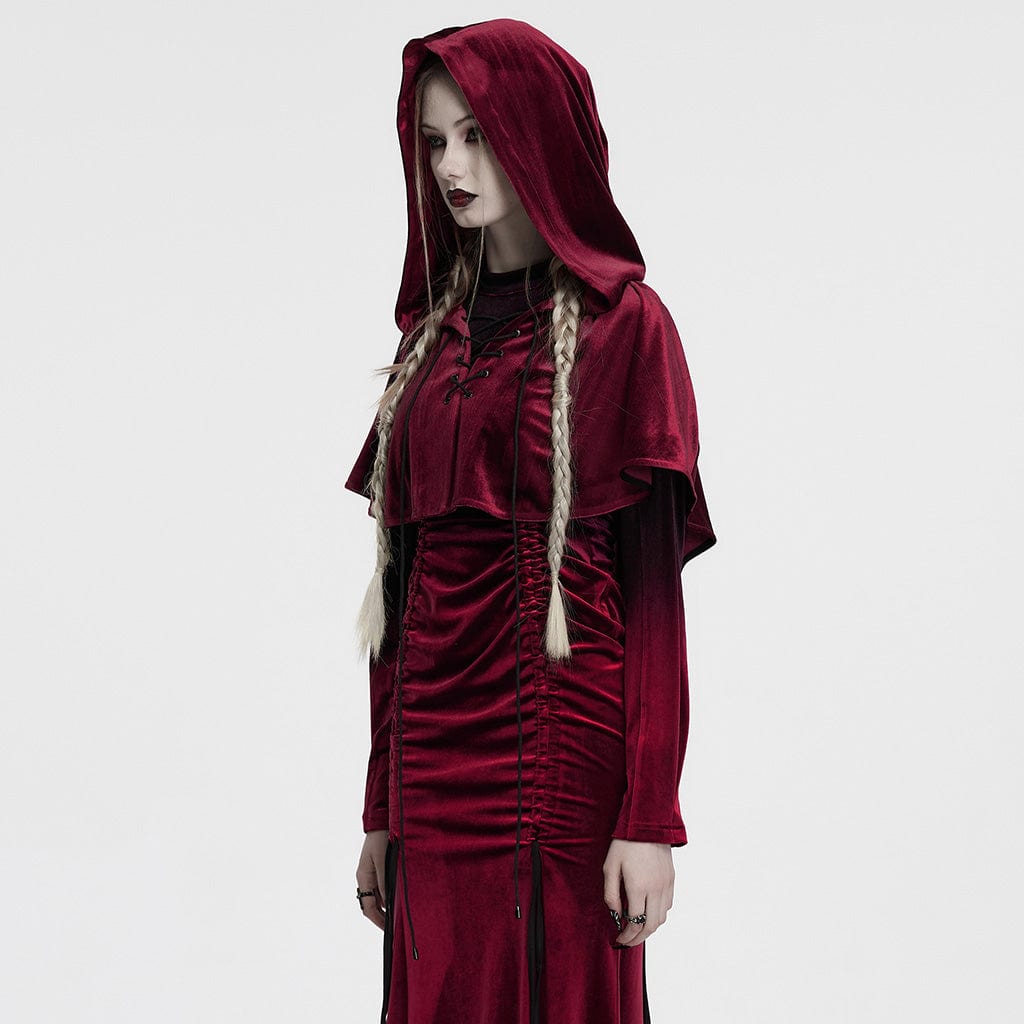 PUNK RAVE Women's Gothic Lace-up Velvet Hooded Cape Red