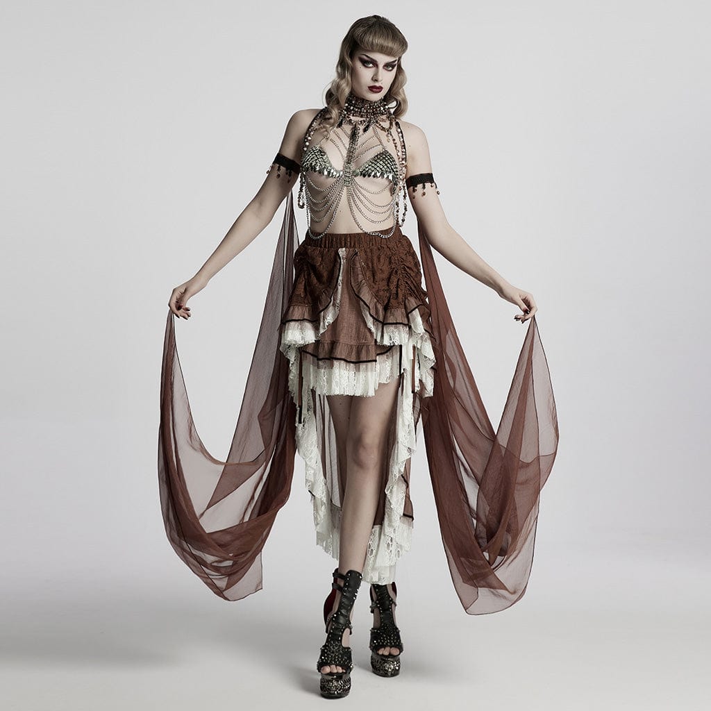 PUNK RAVE Women's Gothic Layered Beaded Detachable Cloak Coffee