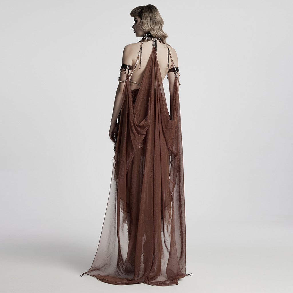 PUNK RAVE Women's Gothic Layered Beaded Detachable Cloak Coffee