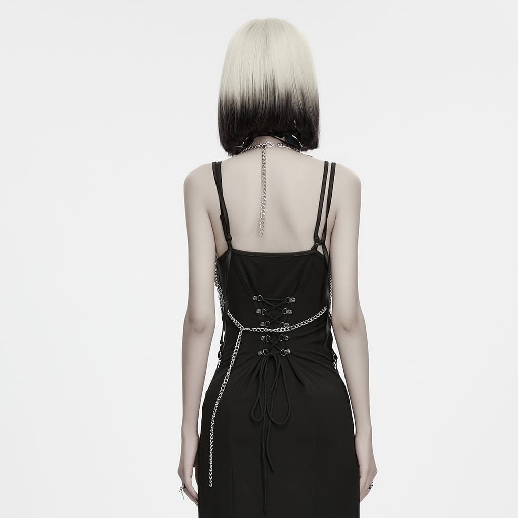 PUNK RAVE Women's Gothic Layered Chain Cross Halter Body Harness