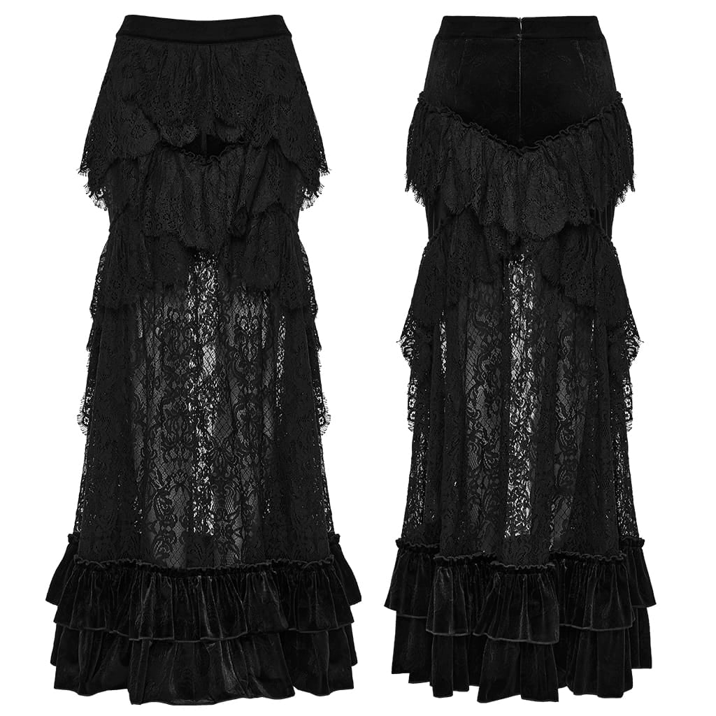 PUNK RAVE Women's Gothic Layered Ruffle Velvet Lace Maxi Skirt