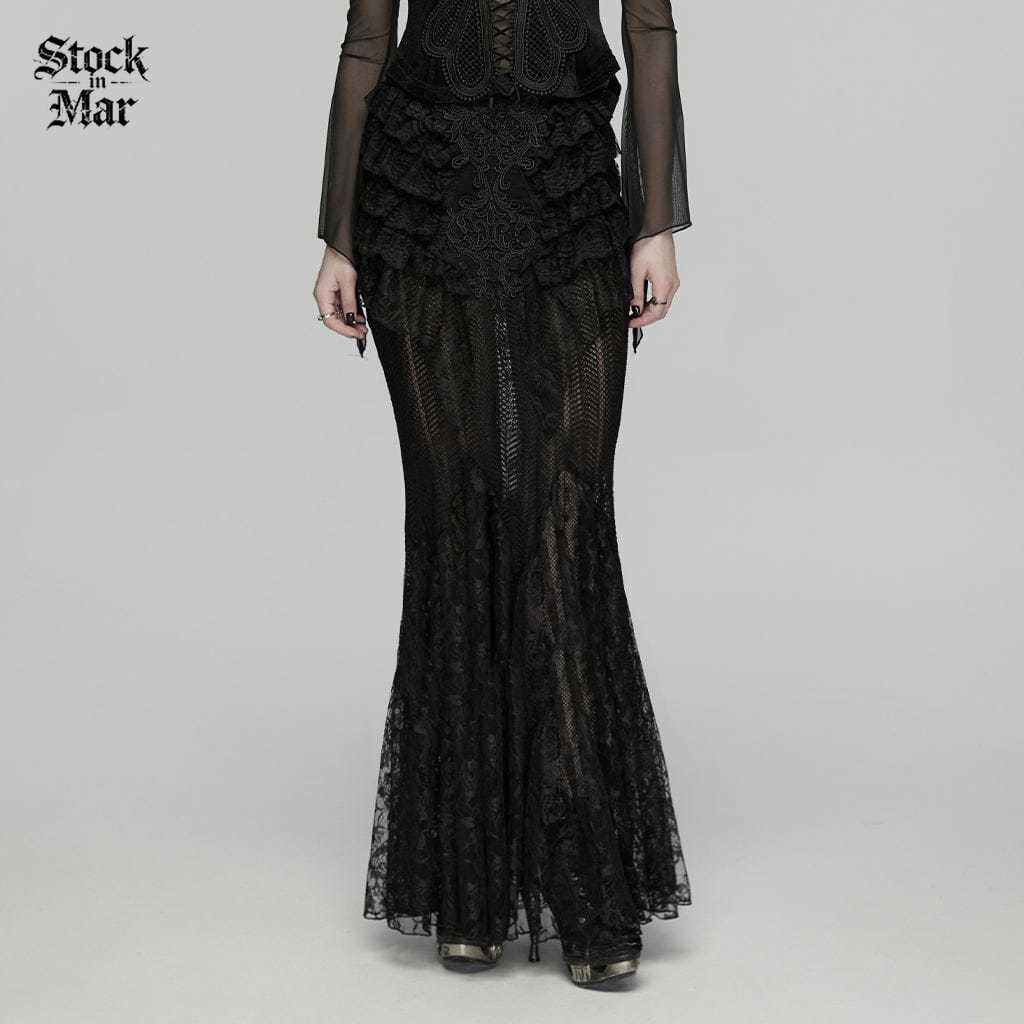 PUNK RAVE Women's Gothic Layered Ruffled Lace Mermaid Skirt