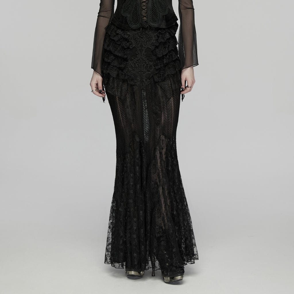 PUNK RAVE Women's Gothic Layered Ruffled Lace Mermaid Skirt