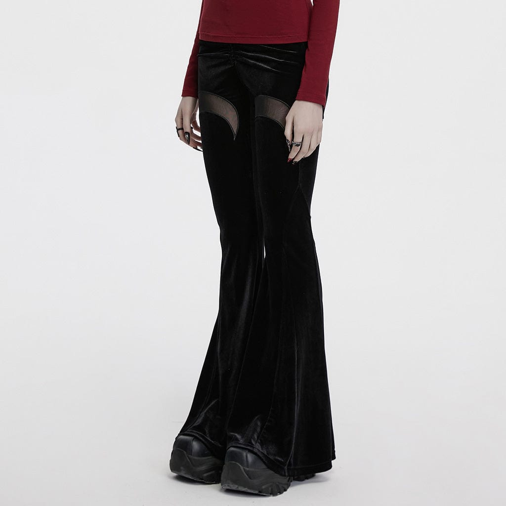 PUNK RAVE Women's Gothic Mesh Moon Drawstring Velvet Flared Pants