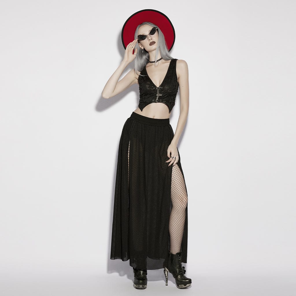 PUNK RAVE Women's Gothic Mesh Sheer Side Slit Long Skirt