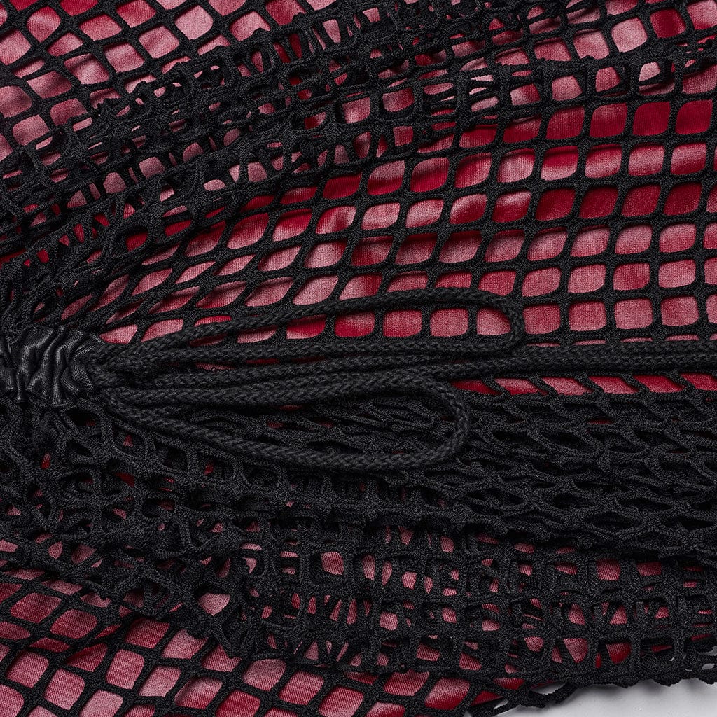 PUNK RAVE Women's Gothic Mesh Splice Drawstring Slip Dress Red