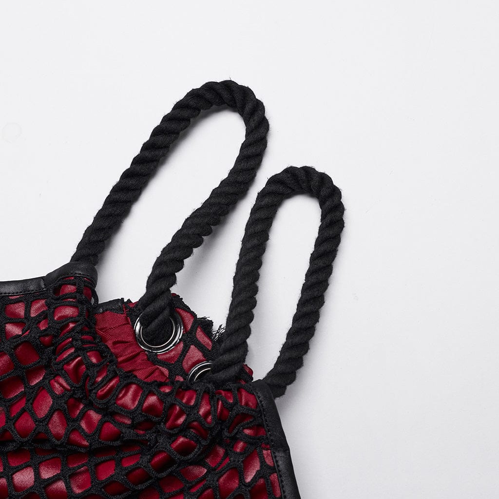 PUNK RAVE Women's Gothic Mesh Splice Drawstring Slip Dress Red