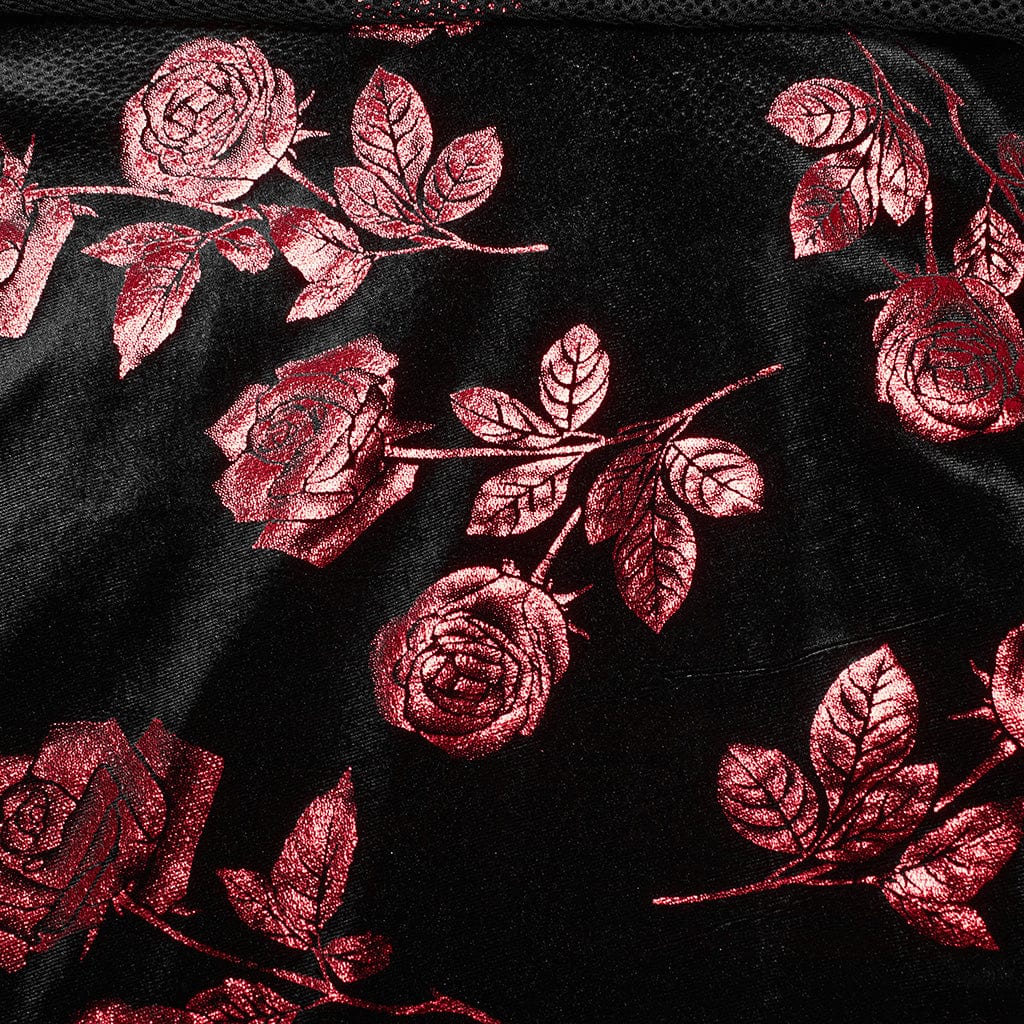 PUNK RAVE Women's Gothic Mesh Splice Red Rose Velvet Halterneck Dress