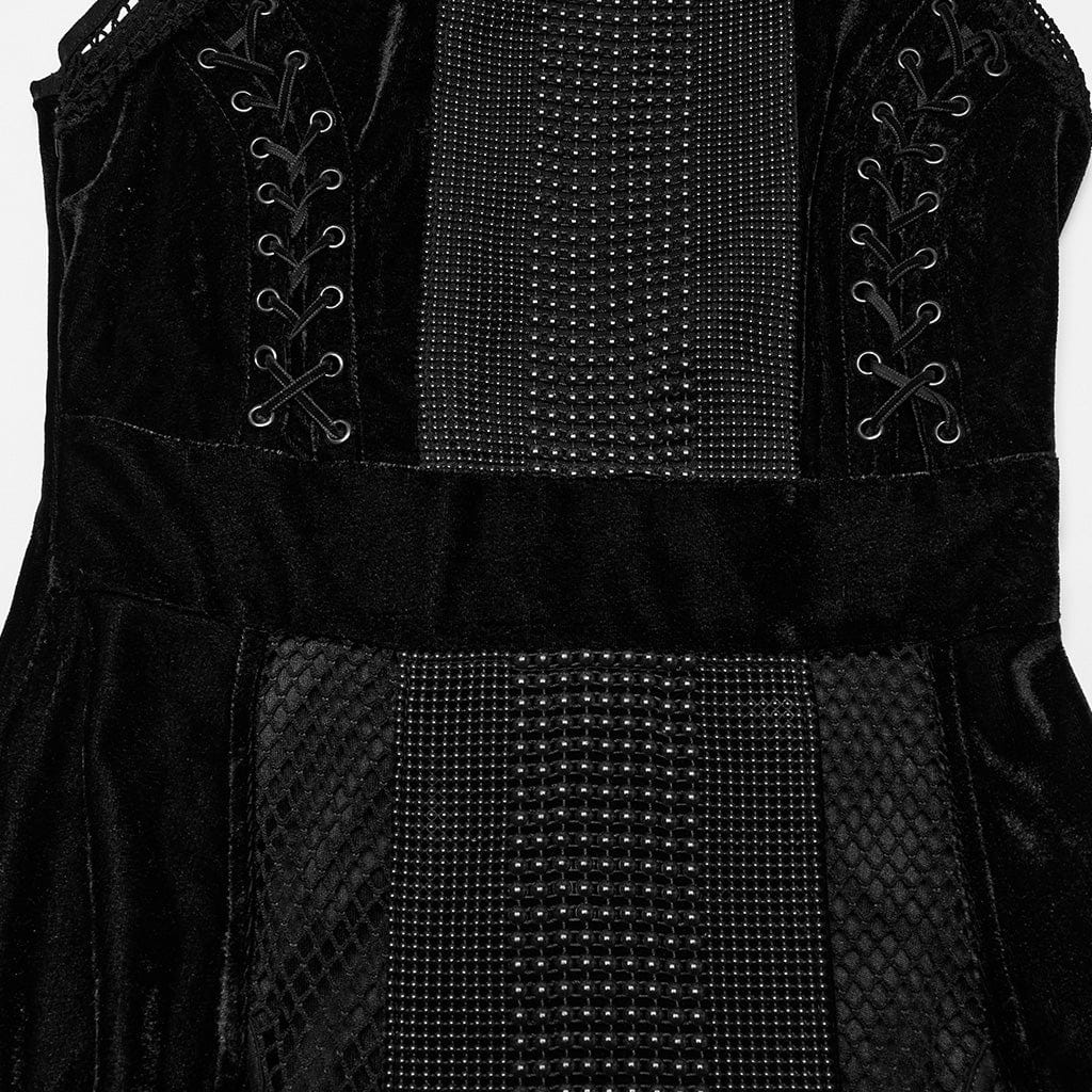 PUNK RAVE Women's Gothic Mesh Splice Velvet Halterneck Dress