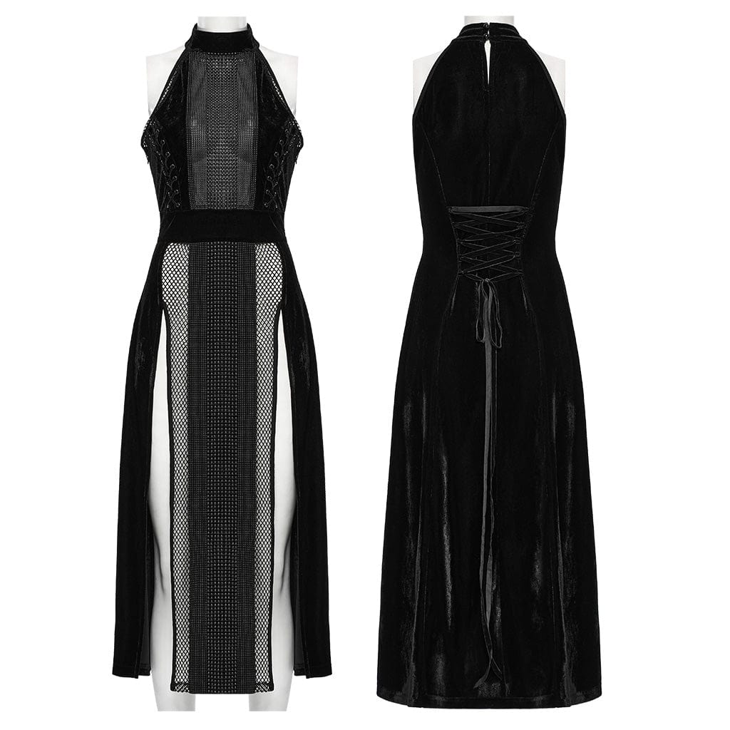 PUNK RAVE Women's Gothic Mesh Splice Velvet Halterneck Dress