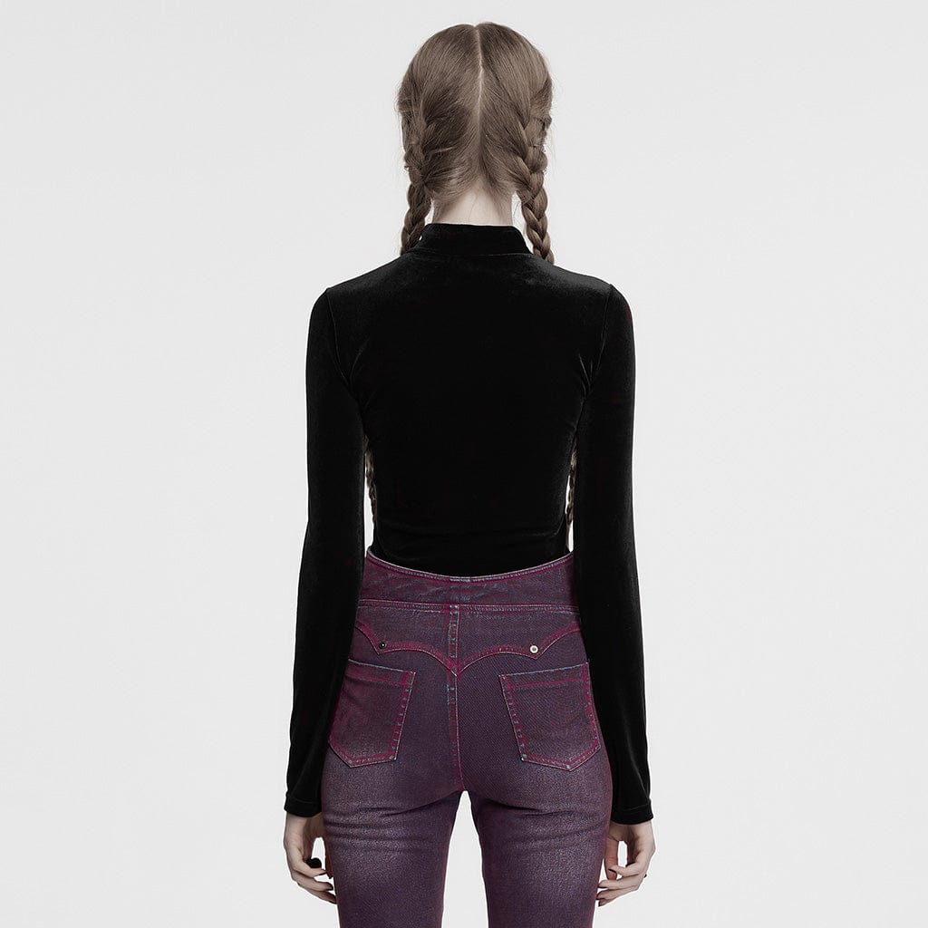 PUNK RAVE Women's Gothic Moon Cutout Mesh Splice Velvet Shirt