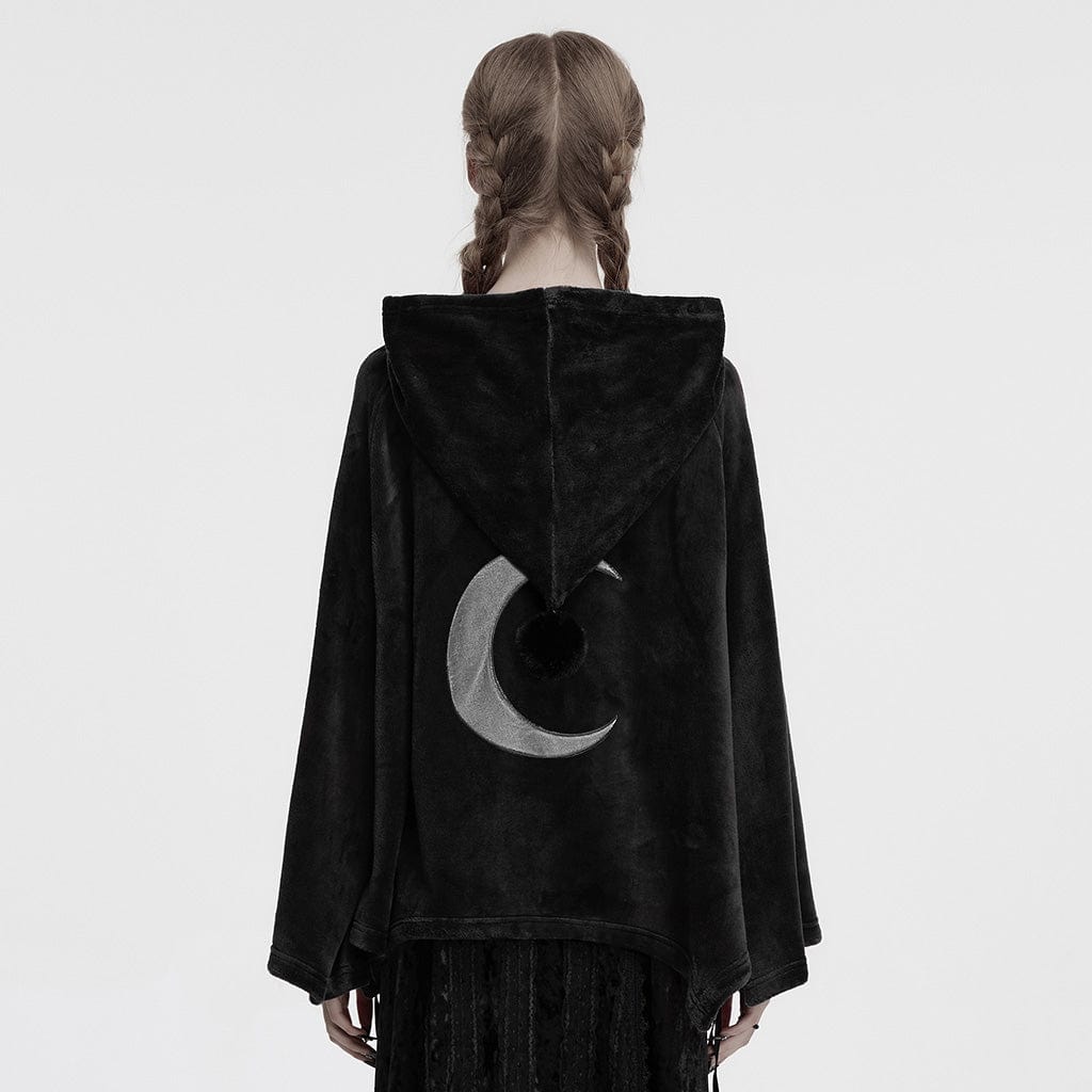 PUNK RAVE Women's Gothic Moon Embroidered Velvet Hooded Coat Black