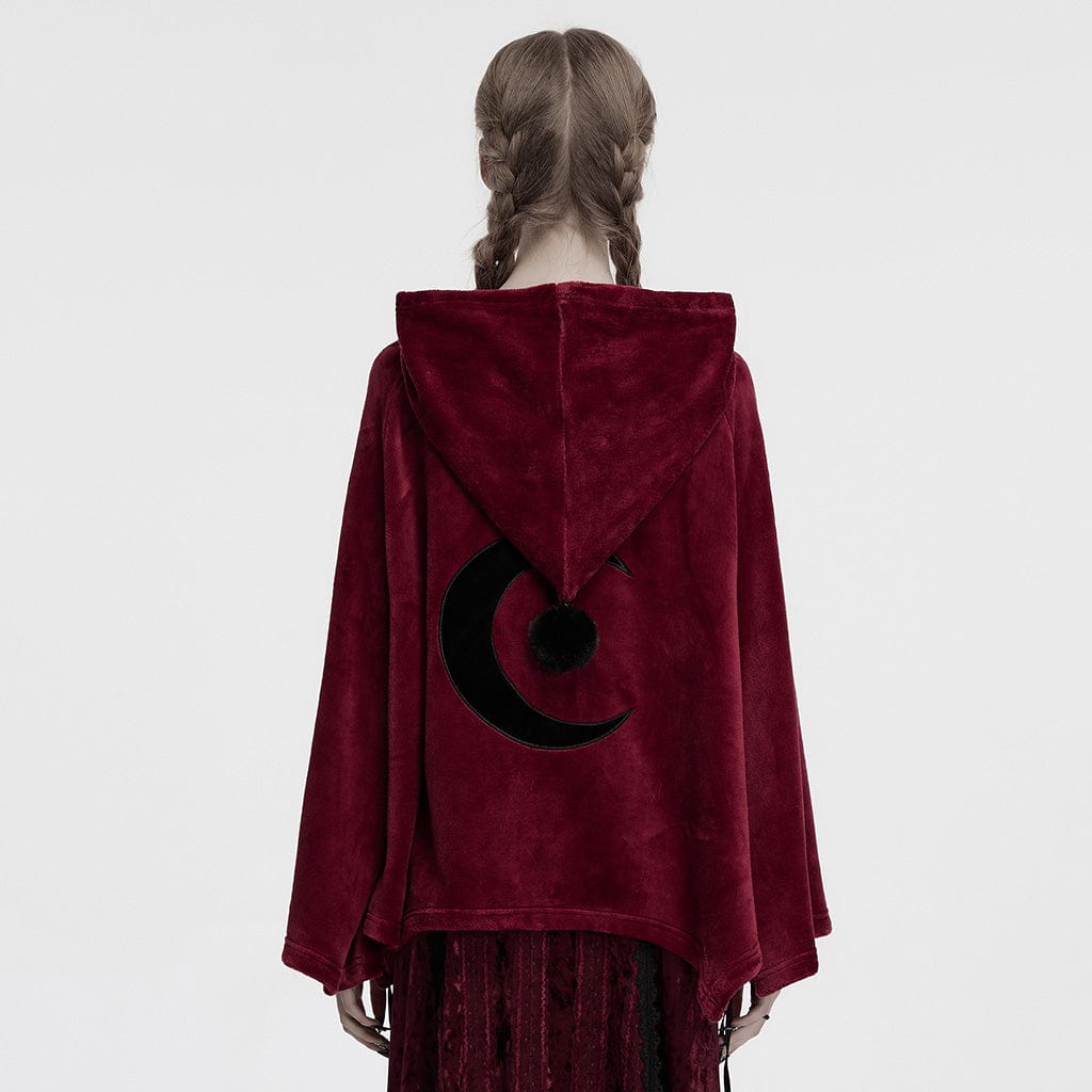 PUNK RAVE Women's Gothic Moon Embroidered Velvet Hooded Coat Red