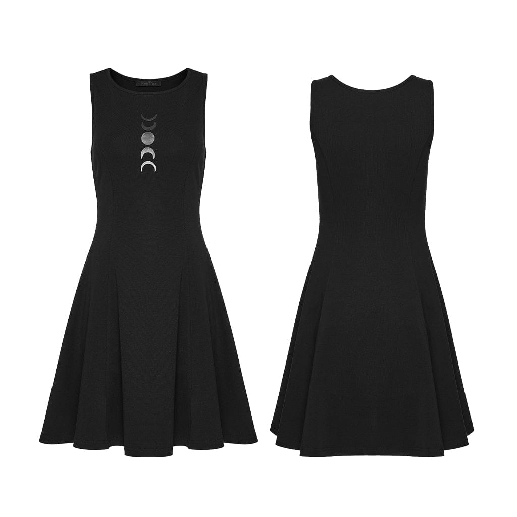 PUNK RAVE Women's Gothic Moon Phase Printed Sleeveless Dress Graduation Dress